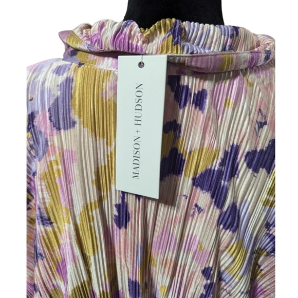 Madison+ Hudson Pink/Gold/Purple Floral Midi Faux Wrap Dress with Dolman Sleeves - Picture 10 of 12